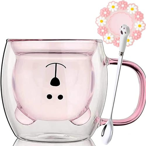 Arawat Cute Doppelwandige Gläser Süß Bär Tassen Pink Kaffeegläser Kaffeetasse mit Henkel Teegläser mit Löffel & Untersetzer Bär Kaffeebecher Tassen Geburtstag Geschenk für Oma Mutter Mama