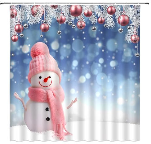 ZRUWUA Duschvorhang mit Weihnachtsschneemann, rosa Weihnachtskugeln Tannenzweige Fantasie Winter Urlaub Neujahr Badezimmer Dekor Vorhang mit Haken