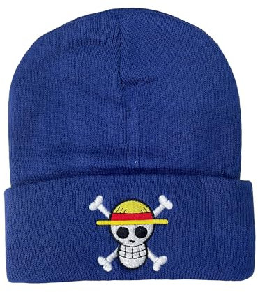 Bonamana ONE Piece Anime Straw Hat Knitted Winter Beanie Slouch Soft Knitted Ski Wool Hat for Kids Boys Girls Teenagers - Fan Gifts (Blue)