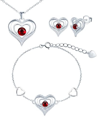 CONILOK Damen Schmuck Herz Kette Armband Ohrstecker Silber 925 Sets Zirkon Love Charms Anhänger Halskette Kleine Geschenke für Frauen Freunde Mädchen Geburtstag Weihnachtstag Valentinstag Rot