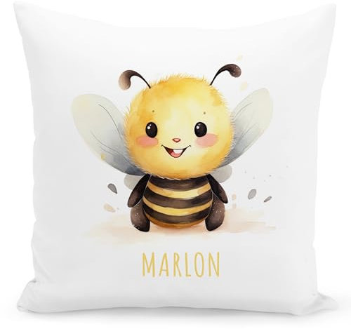 DEL MÀ Unique & Personal Biene Kissen personalisiert mit Namen Kinderkissen Kuschelkissen Kinder Geschenk Kinderzimmer Deko Junge Mädchen Zierkissen Dekokissen 40x40 cm inkl. Füllung und Bezug