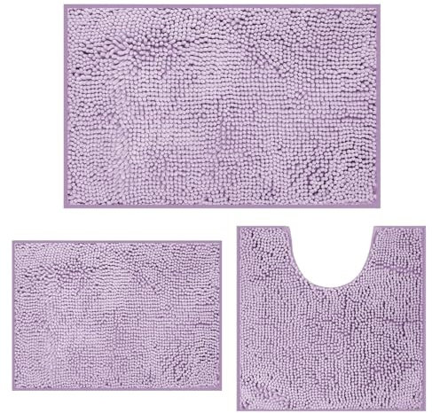 MEGAROOM Non Slip Chenille Bath Mat Set - Bathroom Mat Set with U-Shaped Toilet Mat - Soft and Anti Mould Bath Mat Set 3 Pieces for Safety and Comfort, Water Absorbent and Quick Drying(Light Purple)
