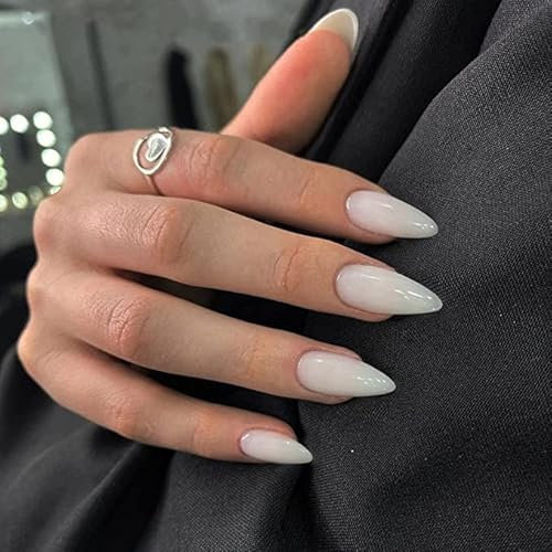 JUSTOTRY 24 Pcs Gradient White Almond Short False Nails,Solid Press on Nails Pattern,Glossy Milky Fake Nail Short,French Oval Medium Stick on Nails for Women and Teens Nail Art