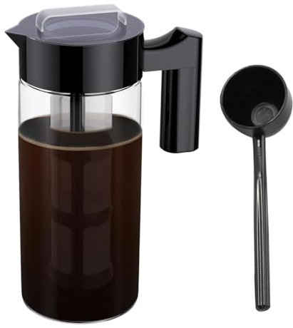 Ashikoi Cafetera de infusión fría, jarra de café helado de 40 onzas con filtro de malla, jarra de vidrio para hacer café helado para refrigerador, color negro