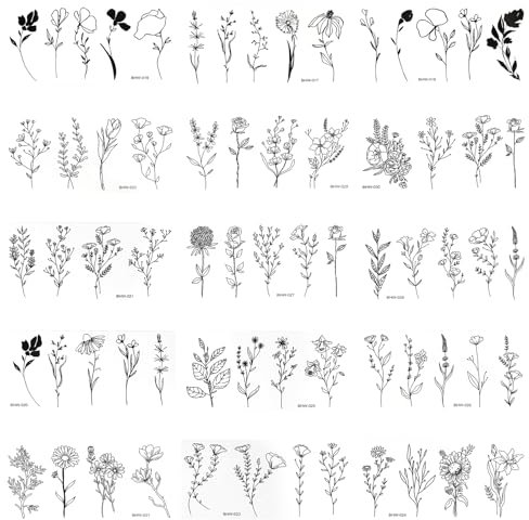 Temporäre Tattoos 15 Blatt Tattoos Erwachsene Gefälschte Blumen Rebenblätter Pflanze Fake Tattoo Schwarz Wasserfest Kleine für Frauen Körper Sticker Aesthetic Tattoo (60 Blumen)