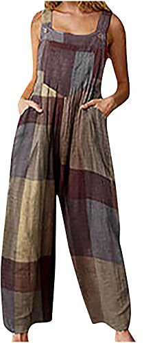 Salopette donna estate cotone lino casual tuta da donna elegante tinta unita lunga gamba larga tuta pantaloni pantaloni con grandi tasche senza maniche grandi dimensioni pantaloni playsuit ragazze