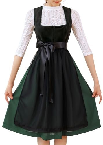 EIISSION Dirndl Damen Midi Lang Schwarz Trachtenkleid Trachtenrock Komplettset Trachtenmode Mit 3 Teilig Schürze Bluse Oktoberfest Kleid 40