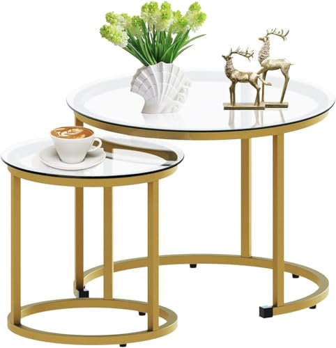 Huhote Round Coffee Tables, Set of 2 End Table, Nesting Tables, Side Table with Metal Frame for Living Room/Bedroom/Balcony/Office/Apartment, Diameter 23.6/15.7 IN (Gold Frame, Glass Top)