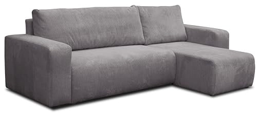 VENASI MÖBEL Ecksofa mit Schlaffunktion und Bettkasten Cord-Stofff, Luna L-Form Schlafsofa Eckcouch Sofa (Dunkelgrau)