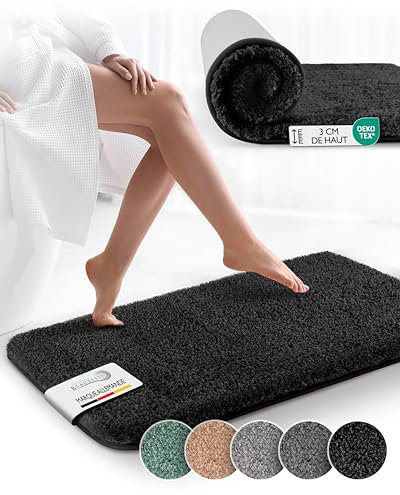 Beautissu Tapis de Bain Absorbant 60x50 cm – Antidérapant, Adapté au Chauffage au Sol – Douche Noir Moelleux Extra Épais – BeauMare FL