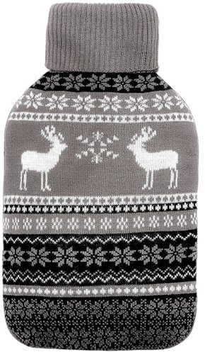 Bakecat Knitted Hot Water Bottle Cover Only, Fits 1.8L/2L, Deer Pattern Grey, Classic Style