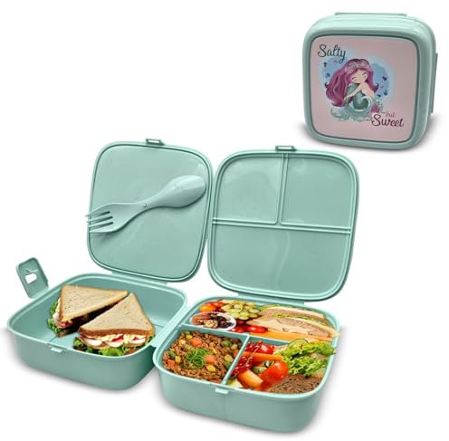 Vanorell Brotdose MEHRJUNGFRAU Kinder mit 4 Fächern Lunchbox für Kinder Bento Box mit Besteckset, Lunch Box für Kindergarten, Schule, Picknick, Ausflüge