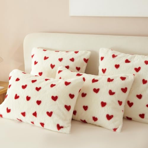 Freyamy Plüsch Kissenbezug 40x80cm 2er Set Rot Weiß Herz Liebe Kunstpelz Flauschig Kopfkissenbezug Flanell Fleece Samt Biber Kissenhülle Warme Cashmere Touch Zierkissenbezug