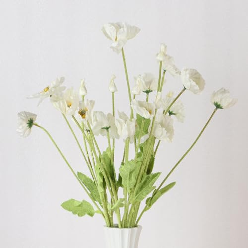 Weiße künstliche Mohnblumen, 6 Stück, künstliche Pflanzen, die echt aussehen, 60 cm langer Stiel, künstliche Mohnblumen für Vase, perfekt für Heimbüro-Dekoration