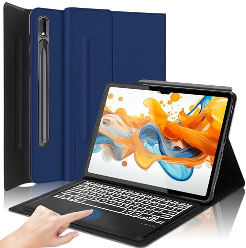 OYOSUOGG Custodia per tastiera touchpad Galaxy Tab S10/S9/S8 Ultra, custodia con tastiera retroilluminata a 7 colori, custodia protettiva intelligente con supporto per penna S Pen Sleep/Wake, blu navy