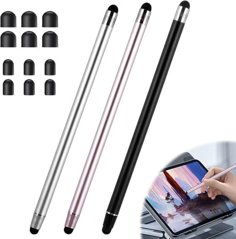 3 Pezzi Penna per Tablet, Penne Touch Stylus 2 in 1 con 12 Punte di Ricambio in Gomma, Universale Pencil Pennino per Apple iPad/Pro/Mini/Air, per iPhone, Samsung, Huawei, Xiaomi, Surface, Chromebook