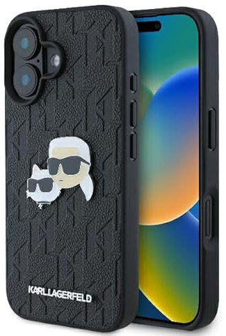 CG MOBILE Karl Lagerfeld KLHCP16SPGKLKCPK Hülle für iPhone 16 6.1 schwarz Monogram Karl&Chaoupette Head Pin