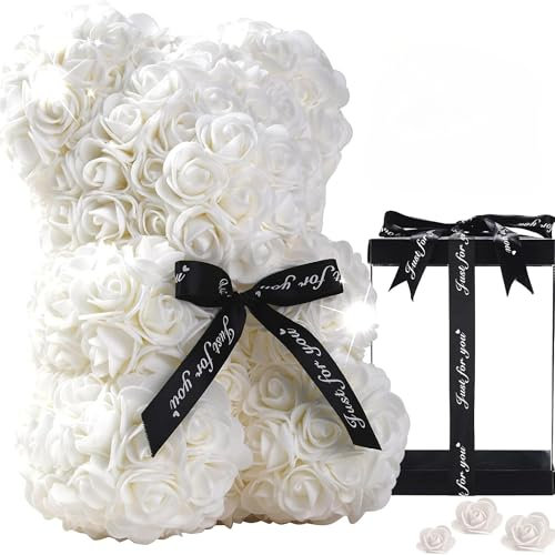 SOUTH AREA Ours en Peluche avec Roses artificielles, Fait à la Main, Cadeau Romantique pour la Saint-Valentin, Un Anniversaire, la fête des mères et Un Mariage, décoration élégante (Blanc, Moyen)