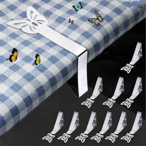 CHACROC Tischdeckenklammern Edelstahl 10 Stück, Outdoor Tischklammern Tischdeckenbeschwerer für Dicke Tische, Restaurant, Gartentisch & Picknick - Silber Schmetterlings Clips Tischtuchklammer