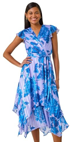 Roman Frill Dress for Women UK Ladies Summer Wrap Chiffon Frill Hem Layered Belted Midi Maxi Tiered Cape Special Occasion Fit & Flare Wedding Guest Swing Skater - Floral Blue - Size 18