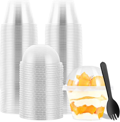 LOLYSIC 100 Pcs Plastic Dessert Cups with Lids & Spoons - 180ml Reusable Plastic Dessert Pots, Clear Round Serving Cups for Pudding Cheesecake Fruits Yogurt Mousse Party Parfait Appetizer