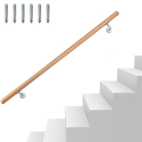 Eikuavons Pasamanos de madera de haya, 120 cm, pasamanos de pared, escaleras con soporte de pared y tapas finales, pasamanos de madera antideslizante, barandilla para escaleras, balcón, redondo, 42 mm