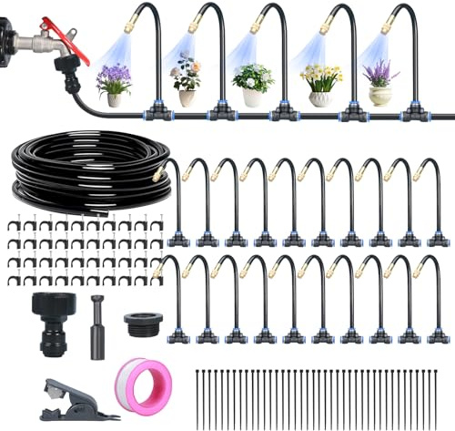 Acesome, sistema di irrigazione per giardino, sistema di irrigazione automatico curvo a 360°, tubo di irrigazione, aiuola rialzata per giardino, prato, orto, fattoria (20 m con gioco da pavimento)