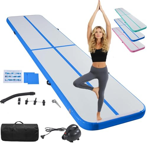 LSBIKE Air Matte Track, 3/4/5/6 M Tumbling Matte, Gymnastikmatte mit Luftpumpe, Trainingsmatte Turnmatte für Zuhause, Outdoor, Yoga, Übungsgymnastik usw, Rutschfest & wasserdicht (Blau, 4m/13ft)