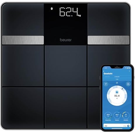 Beurer BF 450 báscula personal con conexión a la aplicación, báscula de grasa corporal digital con 17 valores de medición, estructura de baldosas mate, 8 memorias de usuario, 180 kg