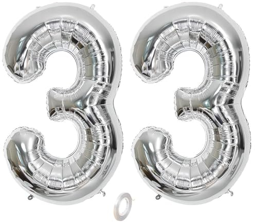 Balorise 40 Zoll Aluminium Luftballon Silber Zahl 33, Helium Unterstützt, Ballon Nummer 0-9, 10-100 (101cm), große Folienballons Dekoration für Geburtstagsfeier, Hochzeit, Jubiläum