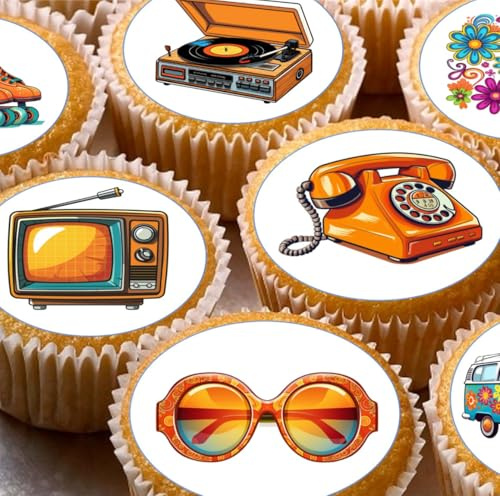 70s Retro Theme Pre-cut Edible Wafer Cupcake Toppers, Vintage Icons with Record Player, Telephone, TV, Disco Ball Design, Seventies 1970's Cake Decorations x 24