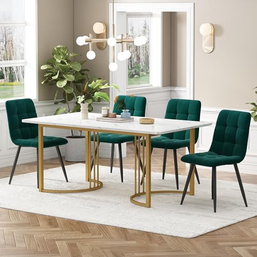 IHO SOFA 140x80cm Esstisch mit 4 Stühlen Set, Essgruppe mit Rechteckiger Küchentisch und Esszimmerstühle, Esstisch mit Stühle, Goldene Tischbeine und Dunkelgrün Samt Küchenstühle
