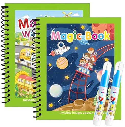 Hyleara 2 Stück Wassermalbuch mit 2 Wasserstifte für Kinder, Wiederverwendbar Magic Water Colouring Book, Wasser Malbuch, Wassermalbuch ab 2 Jahr, Magic Water Book für Kinder(Astronaut+Transport)