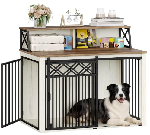 Hzuaneri Hundekäfig Möbel mit Lagerregal, Indoor Kennel, Weiß Braun | Dreitürig Hundebox für Zuhause mit Scheunentür, Beistelltisch, Geeignet für Mittlere/Große Hunde, 100 x 60 x 86 cm, DFC87414B