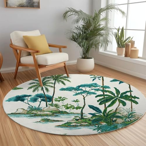 Generisch Retro Rund Teppich Waschbarer Wohnzimmer, Tropische Pflanzen Palmen Sofateppich Kurzflor Couchtischmatte, Rutschfester Teppich für Schlafzimmer, Küche, Bad 150 cm