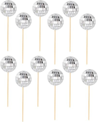 12PCS Disco Ball Cake Toppers - Glass Mirror Mini Disco Balls - Wooden Stick Cupcake Decoration - Shiny 70s Party Supplies - Retro Style Cake Decor for Birthday Wedding Celebration (Silver, 2cm)