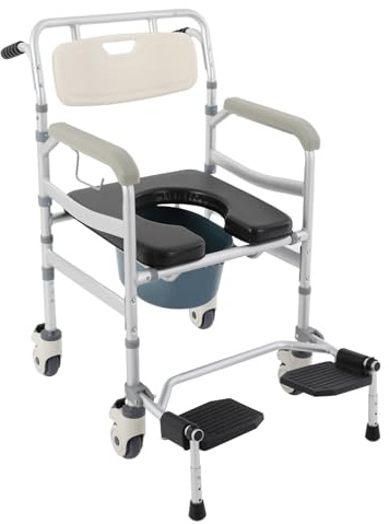 Toilettenstuhl für Senioren mit Rollen Höhenverstellbar, Duschstuhl Fahrbar mit Fußstützen, Gepolstertem Sitz & Abnehmbar Toiletteneimer, Nachtstuhl Erwachsene, max. 172kg
