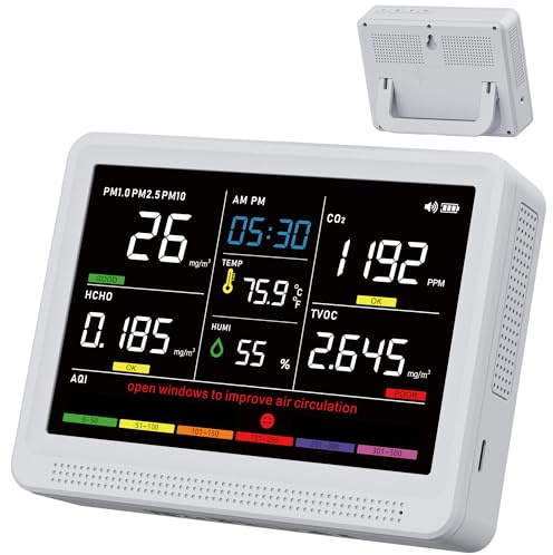 bonoch 16 in 1 Luftqualität Messgerät 5.5 Display CO2 Messgerät, 10H Akku | Professionelles Luftmessgerät 9 AQI +7 Warnungen, CO2, TVOC, PM2.5 PM1.0 PM10, HCHO, Temperatur, Feuchtigkeit, AQI & Uhrzeit