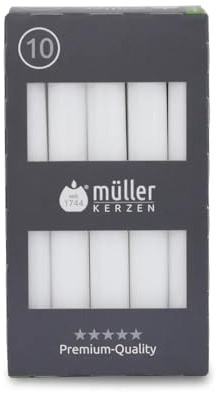 Müller Kerzen - Stabkerzen Weiß - 10er Set Tafelkerzen - 6 Stunden Brenndauer - 20 × 175 mm - Tropfarm, Raucharm, Duftfrei - Leuchterkerzen für Kerzenhalter & Tischdekoration - RAL-zertifiziert