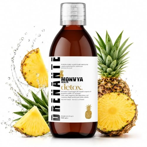 Drenante Forte con Bromelina,Contrasta Ritenzione Idrica e Cellulite,Detox | Supporto Digestivo,8 Estratti Naturali, Pancia Sgonfia e Gambe Leggere, Gusto Ananas 500ml, Made in Italy Monvya Health