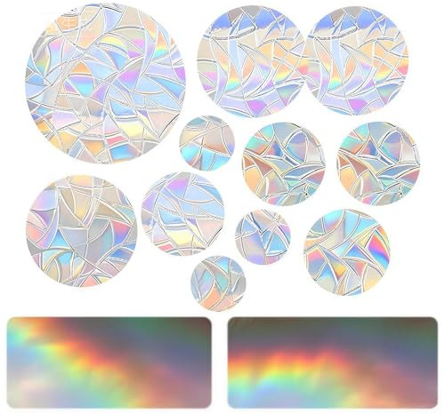 Prisma Fensteraufkleber Vogelschutz 28 Stück PVC Regenbogen Sticker | 28 runde PVC Prisma Sticker mit Regenbogeneffekt schützen Vögel vor Glas und machen Fenster heller schöner und sichtbarer