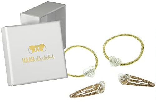 HAARallerliebst Haarschmuck Set (4 teilig | Herzen mit Perlen | Gold Glitzer) für Mädchen inkl. Schachtel zur Aufbewahrung (Schachtelfarbe: Weiss)