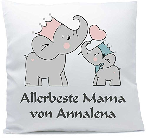 SL-Store GbR Kissen mit Namen Elefant Mama Baby 40x40 cm inkl. Füllung Kuschelkissen, Kissen Farbe:Vorderseite weiß/RS blau