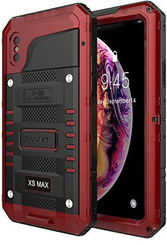 Beeasy Case for iPhone XS Max,Tough Waterproof Heavy Duty Metal Defender Cover with Built-in Screen Military Grade Protective,Drop Proof Shockproof Rugged Hybrid Outdoor Sport Protection,Red
