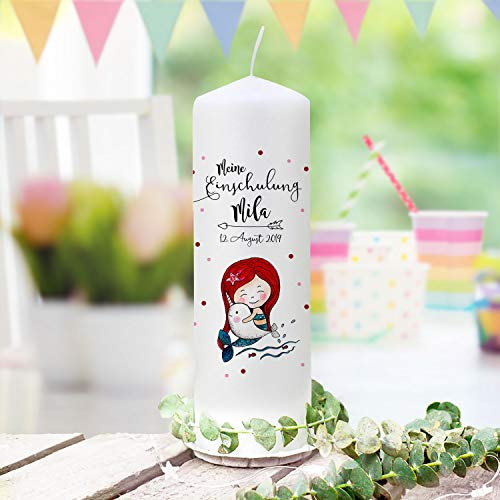 Einschulungskerze Kerze zum Schulanfang zur Einschulung Schulkind Motiv Meerjungfrau Narwa Wunschname Datum wk165 ilka parey wandtattoo-welt®