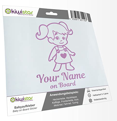 Kiwistar - Babyaufkleber - Flieder - Mädchen Zöpfe Herz Sticker - mit Wunschtext individuell personalisiert + Baby on Board 15cm - für Auto, Motorrad, Tuning - Aufkleber selbst gestalten