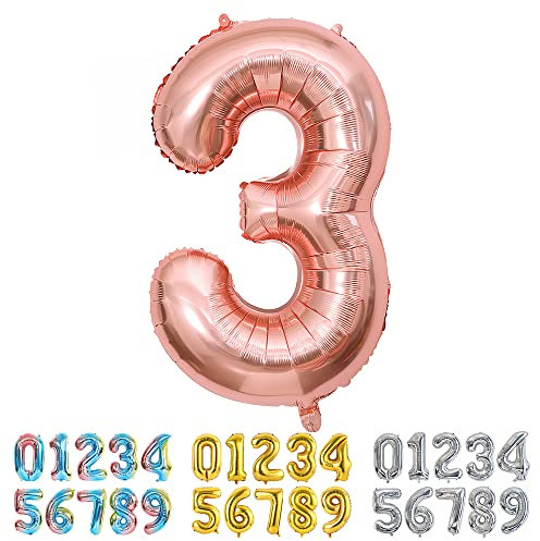 Ponmoo Foil Ballons Chiffre 3 Or Rose, Grands Ballon Numéro 0 1 2 3 4 5 7 8 10-19 20-29 30-39 40 50 60 70 80 90 100, Décoration de Ballons Géants pour Mariages Party et Anniversaires Fête