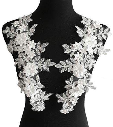 CUTOOP 2 Stück/Set Blumen bestickte Spitze Ausschnitt Kragen 3D Imitation Perle Floral Blatt Applikation Patches Polyester Stoff DIY Kleidung Kleid Nähen Handwerk Zubehör