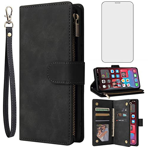 Asuwish Compatible with iPhone 11 6.1 Wallet Case Tempered Glass Screen Protector and Leather Flip Cover Card Holder Stand Cell Phone Cases for iphone11case iPhone11 i Phone11 XI 11R Women Men Black