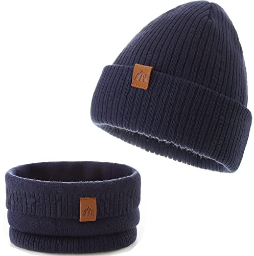 AHAHA Baby Mütze Jungen Stricken Beanie und Schal Set Streifen Warm Wintermütze Dunkelblau